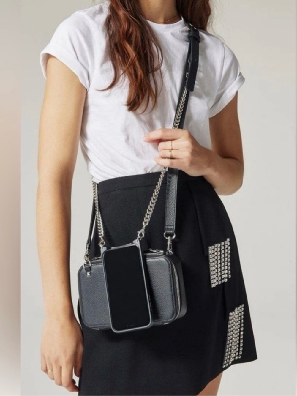 Bandolier Cameron Black Leather Crossbody Purse Complete Set with Silver Chain